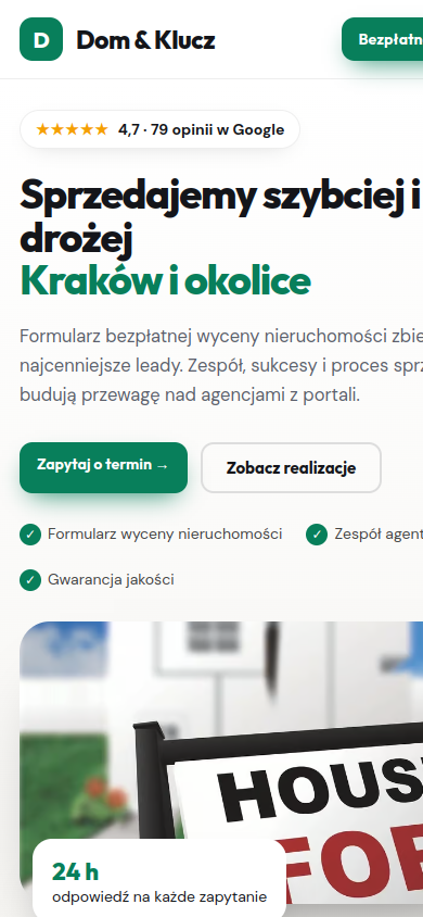 Przykładowa strona internetowa Novi dla branży: Biura nieruchomości – widok na smartfonie