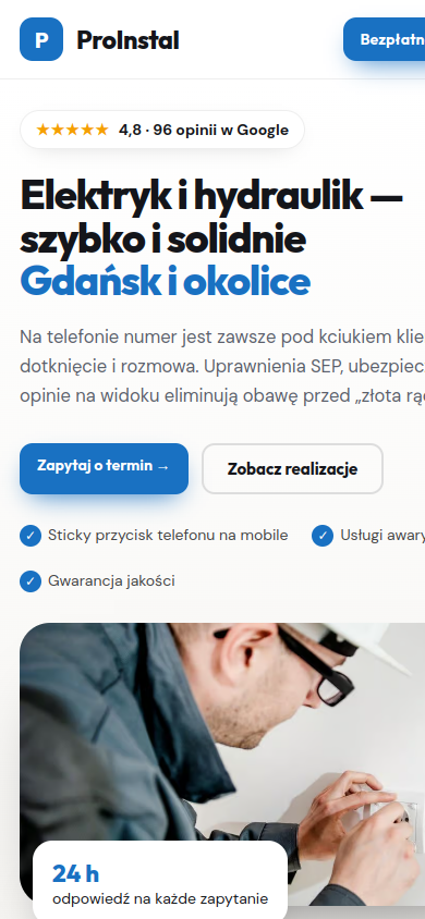 Przykładowa strona internetowa Novi dla branży: Elektrycy, hydraulicy i instalatorzy – widok na smartfonie