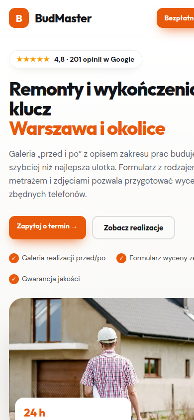 Przykładowa strona internetowa Novi dla branży: Firmy budowlane i remontowe – widok na smartfonie