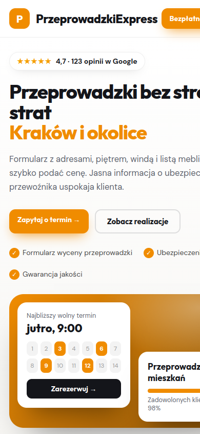 Przykładowa strona internetowa Novi dla branży: Firmy przeprowadzkowe – widok na smartfonie