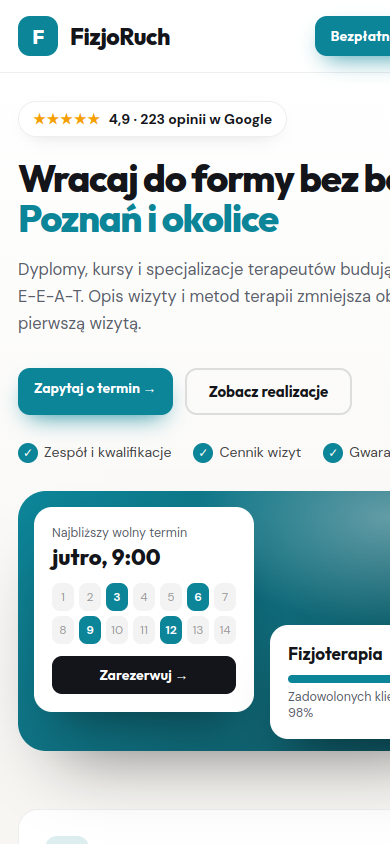 Przykładowa strona internetowa Novi dla branży: Fizjoterapia i masaż – widok na smartfonie