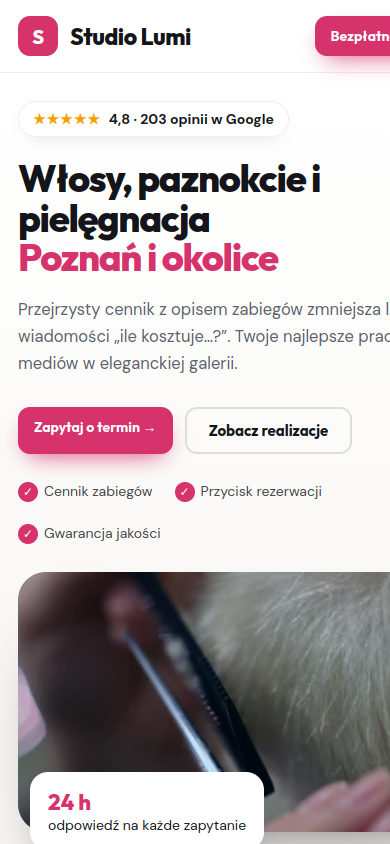 Przykładowa strona internetowa Novi dla branży: Fryzjerzy, kosmetyczki i stylizacja paznokci – widok na smartfonie