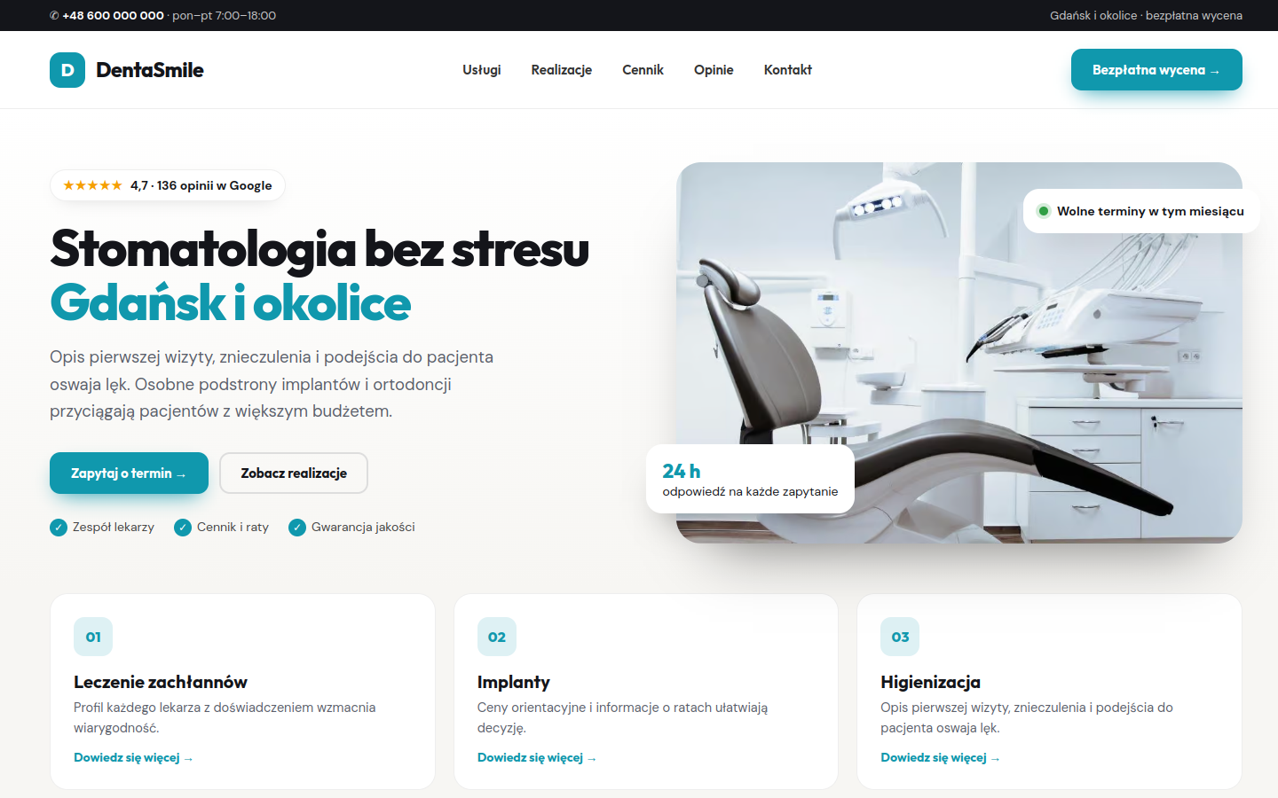 Przykładowa strona internetowa Novi dla branży: Gabinety stomatologiczne
