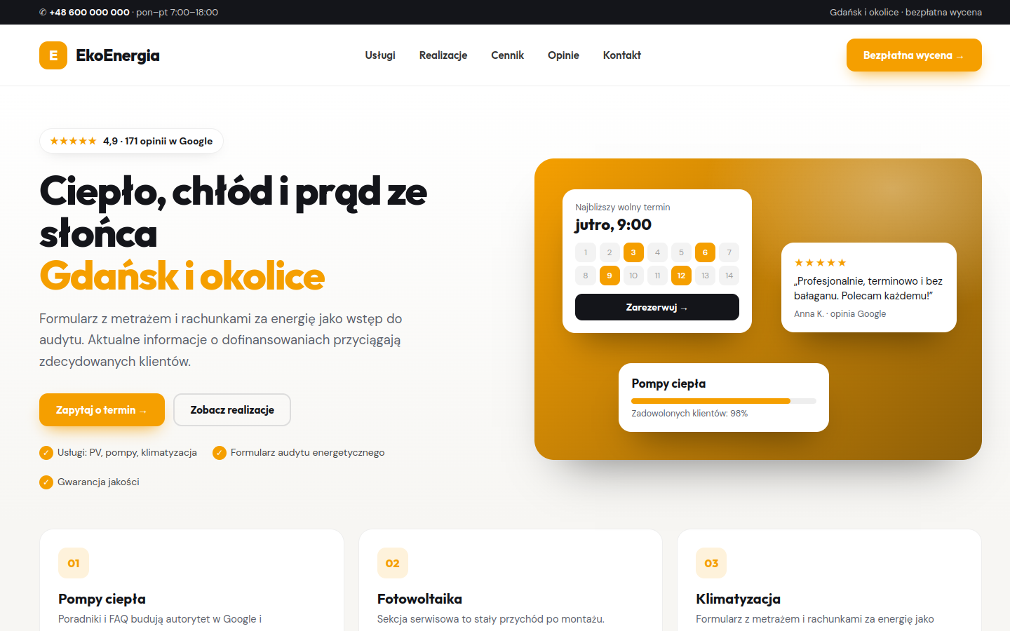 Przykładowa strona internetowa Novi dla branży: Klimatyzacja, pompy ciepła i fotowoltaika