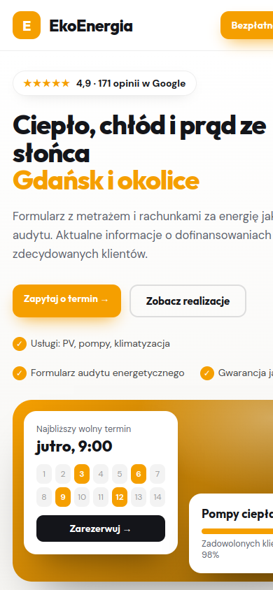 Przykładowa strona internetowa Novi dla branży: Klimatyzacja, pompy ciepła i fotowoltaika – widok na smartfonie