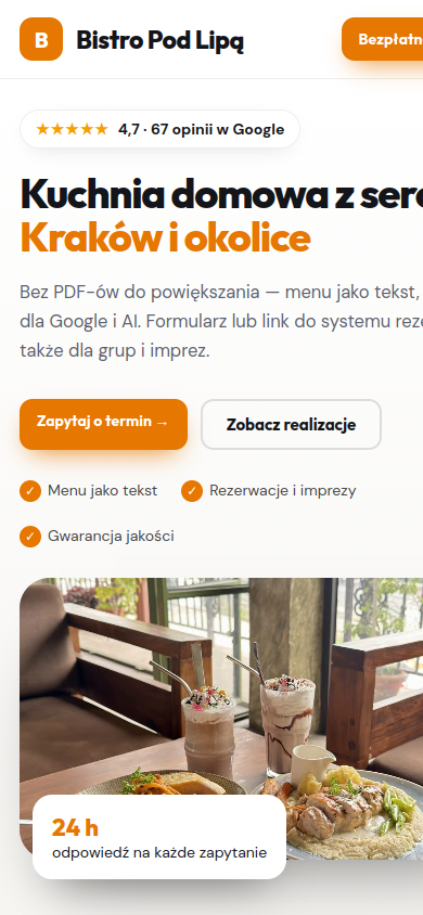 Przykładowa strona internetowa Novi dla branży: Mała gastronomia – widok na smartfonie
