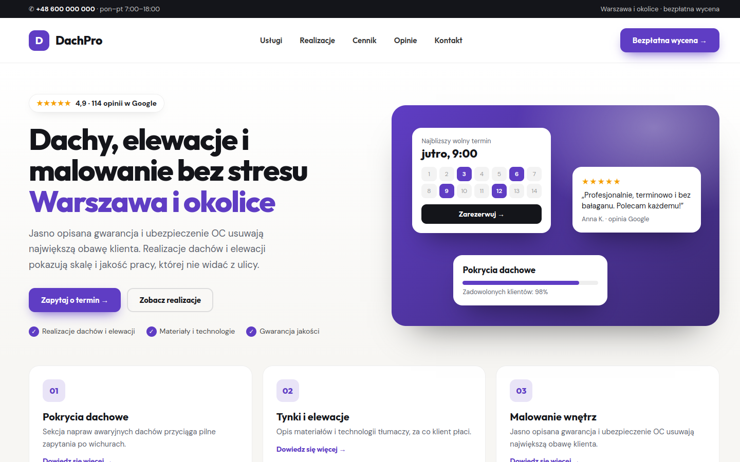 Przykładowa strona internetowa Novi dla branży: Malarze, tynkarze i dekarze