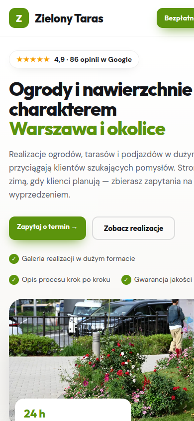 Przykładowa strona internetowa Novi dla branży: Ogrody i kostka brukowa – widok na smartfonie