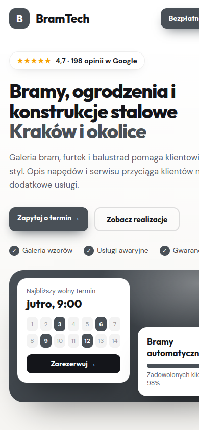 Przykładowa strona internetowa Novi dla branży: Ślusarze, bramy i ogrodzenia – widok na smartfonie