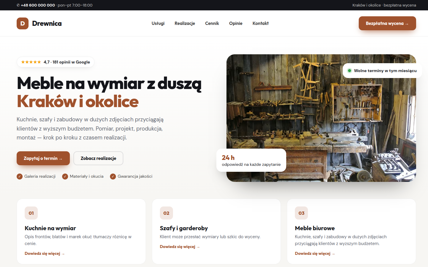 Przykładowa strona internetowa Novi dla branży: Stolarze i meble na wymiar
