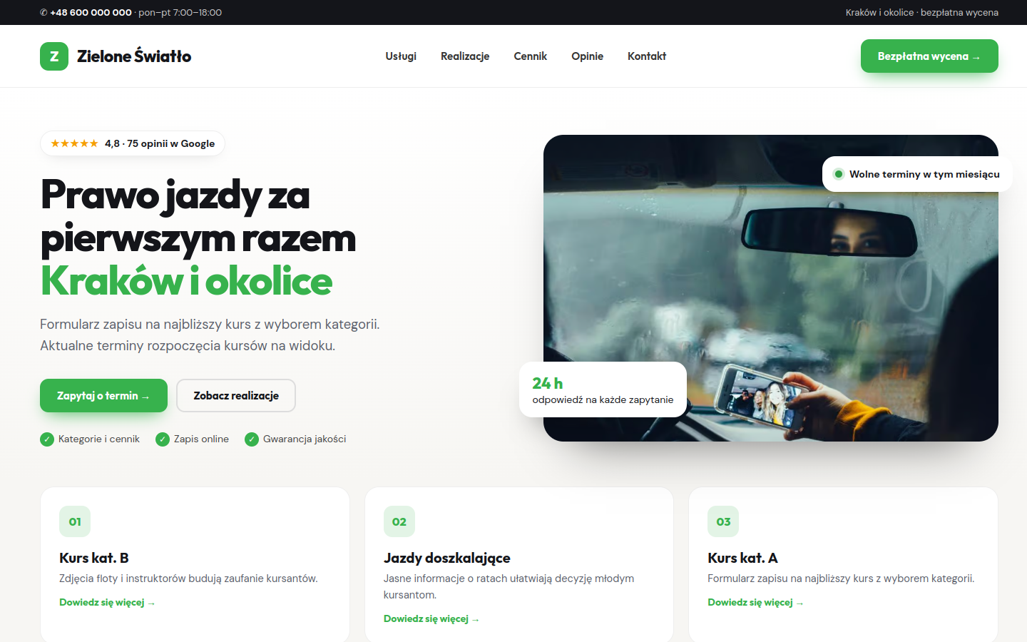 Przykładowa strona internetowa Novi dla branży: Szkoły jazdy