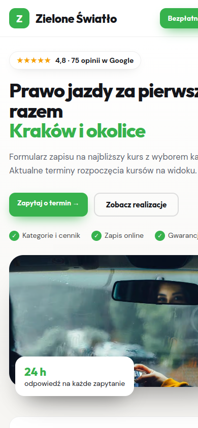 Przykładowa strona internetowa Novi dla branży: Szkoły jazdy – widok na smartfonie